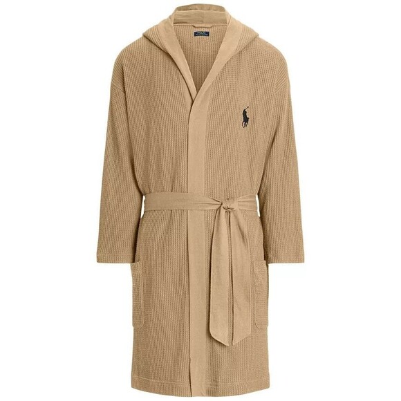 POLO RALPH LAUREN MEN'S THERMAL‎ HOODED ROBE KHAKI TAN SZ NWT - Picture 1 of 7